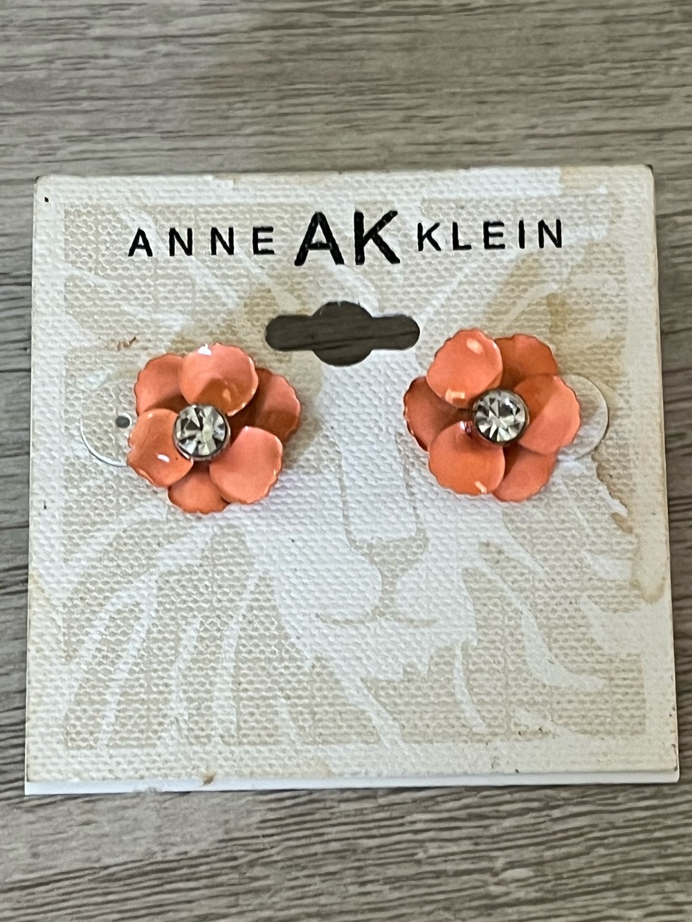 Anne Klein Coral Floral Stud Earrings with Crystal Centers NWT